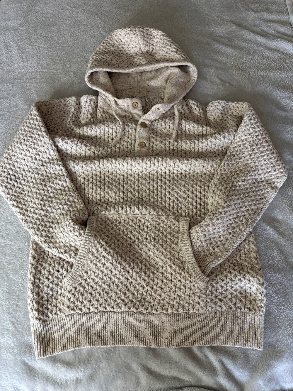 Wellen Recycled Cotton Men's Cream Hooded Kangaroo Waffle Knit Sweater L EUC